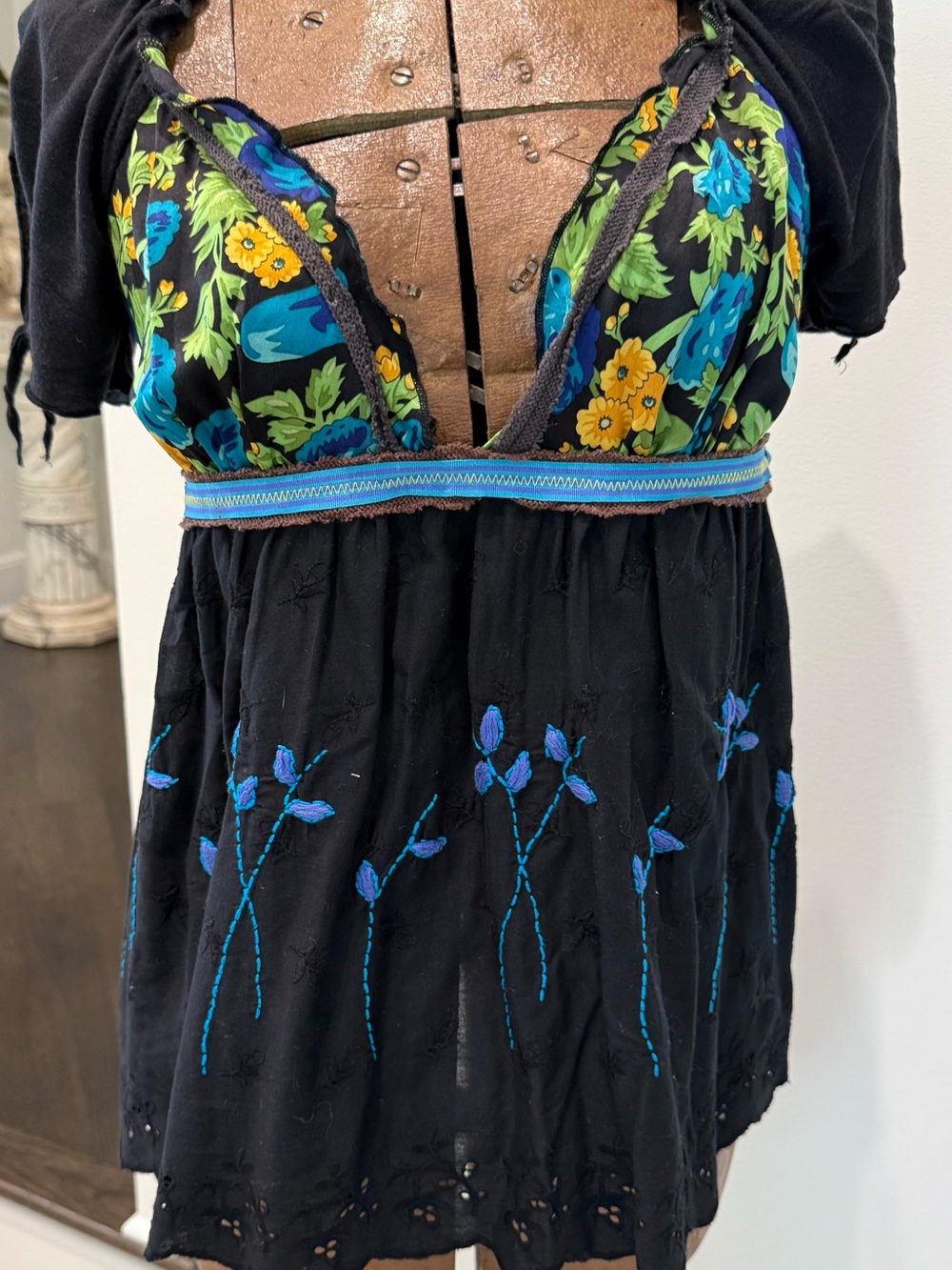 Free People Black Floral Embroidered Tank Top with Blue and Yellow Accents
